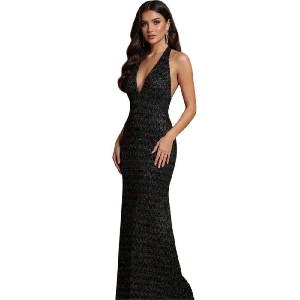 Jessica McClintock Gunne Sax Halter Whimsygoth Gown 9 Black Sparkly Formal Prom